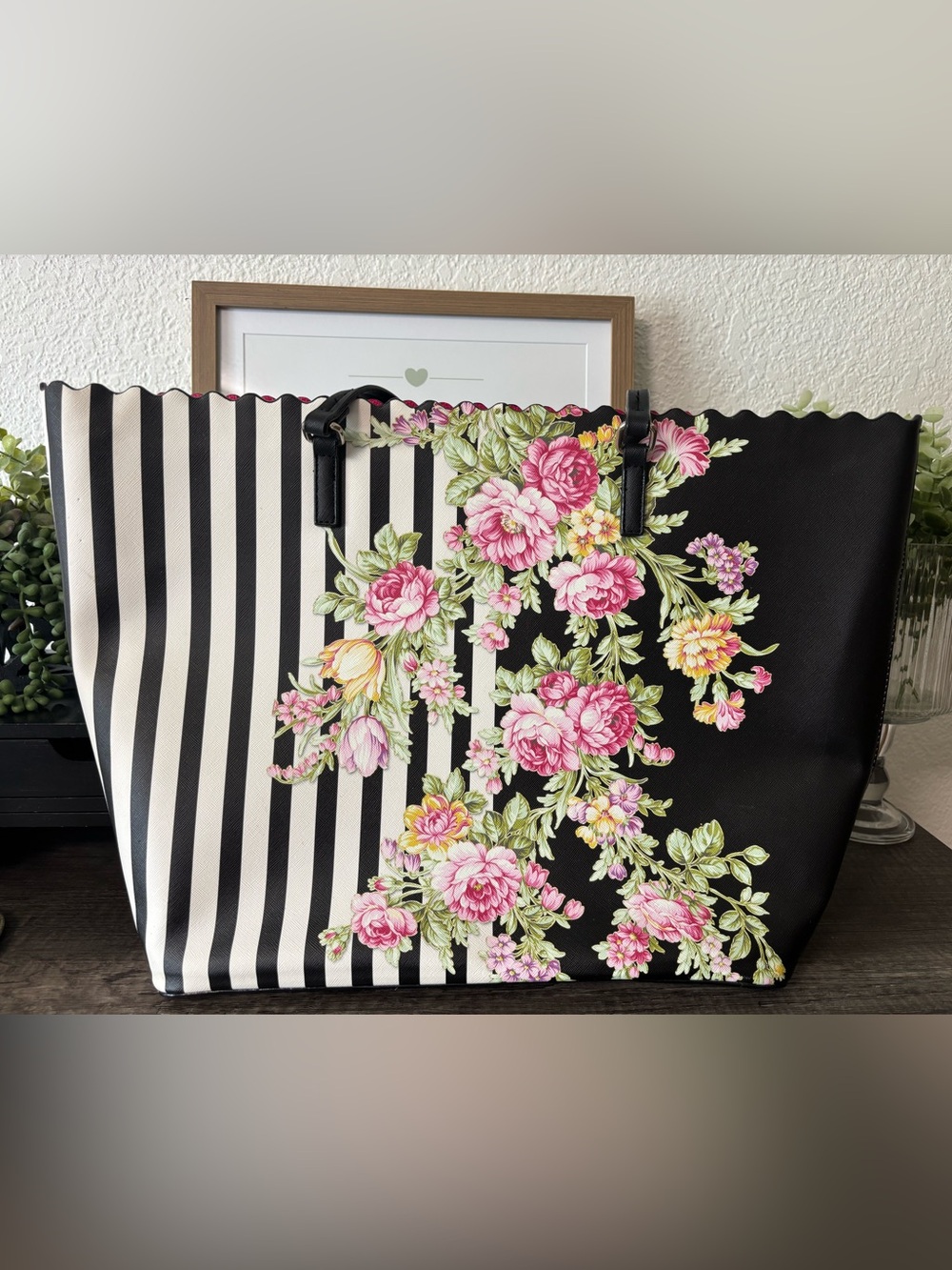 Betsy Johnson Floral Black & White Stripe Tote